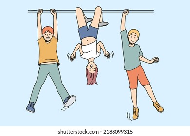 Happy small children have fun playing together outdoors. Smiling kids enjoy sportive active outdoor activity. Childhood. Vector illustration. 