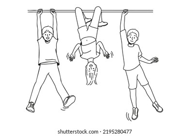 Happy small children have fun playing together outdoors. Smiling kids enjoy sportive active outdoor activity. Childhood. Vector illustration. 