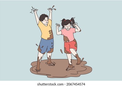 Happy small children jump in mud have fun outdoor. Smiling little kids play in dirty puddle in street. Manner and behavior, upbringing, childhood concept. Vector illustration, cartoon character. 