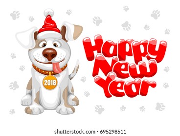 Happy small Dog in Santa Claus hat sitting and smile. Dog is symbol of 2018 year on chinese calendar. Vector illustration. Isolated on white background.