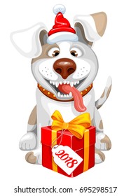 Happy small Dog in Santa Claus hat sitting with New year gift and smile. Dog is symbol of 2018 year on chinese calendar. Cartoon vector illustration. Isolated on white background.