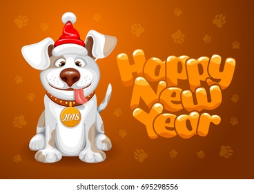 Happy small Dog in Santa Claus hat sitting and smile. Dog is symbol of 2018 year on chinese calendar. Vector illustration. 