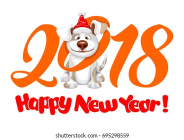 Happy small Dog in Santa Claus hat sitting and smile. Dog is symbol of 2018 year on chinese calendar. Vector illustration. Isolated on white background.