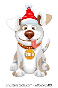 Happy small Dog in Santa Claus hat sitting and smile. Dog is symbol of 2018 year on chinese calendar. Cartoon vector illustration. Isolated on white background.