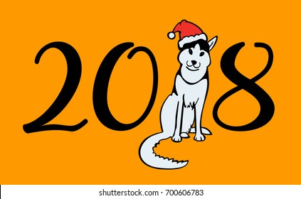 Happy small Dog in Santa Claus hat sitting and smile. Dog is symbol of 2018 year on chinese calendar.