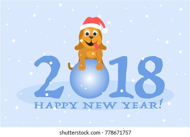 Happy small dog in santa claus hat sitting and smiling on happy new year text on light blue background with snow. Symbol of new year in chinese horoscope. Eps vector illustration