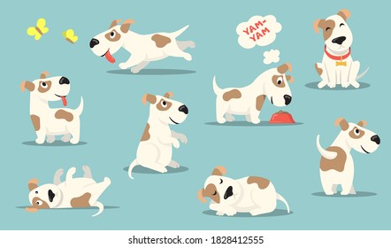 Happy small dog set. Cute funny puppy practicing different activities, hunting, playing, eating, sleeping. Vector illustrations collection for pet care, animal adoption, canine, breed concept