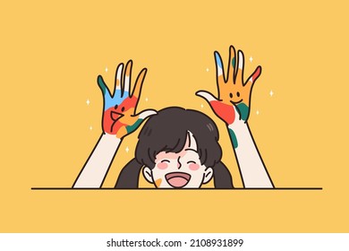 Happy small girl child with dirty hands in paint have fun engaged in artistic hobby activity. Smiling little kid draw with paints enjoy leisure childish game. Art concept. Flat vector illustration. 