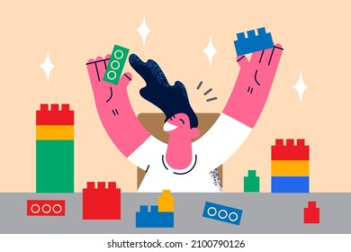 Happy small girl child play with lego contrustion blocks. Smiling little kid have fun build with bricks. Children education and playtime. Hobby and entertainment, leisure time. Vector illustration. 