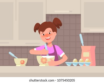 Happy small girl cooking food in the kitchen. Vector illustration concept family cartoon flat style