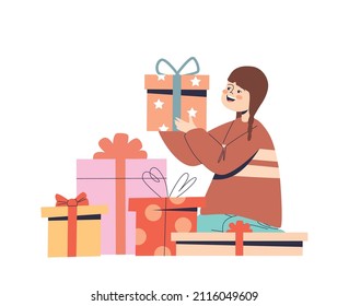 Happy small girl with pile of gift. Joyful little birthday girl holding present box wrapped in colorful paper with bow. Child celebration concept. Cartoon flat vector illustration