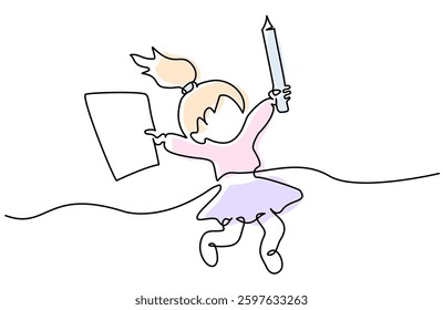 Happy small girl pupil jumping with pen and paper. Continuous one line drawing. Vector illustration. Education and back to school concept for logo, card, banner, poster flyer