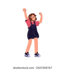 Happy small girl raises her hand, waves in welcome gesture. First grader, student in sundress. Cute child greeting, kid rejoices. Back to school concept. Flat isolated vector illustration on white