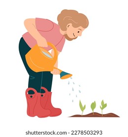 Feliz niña pequeña con botas de goma regando plantando en los niños primaverales trabajando en el jardín ayudando a los adultos. Ilustración de vectores para la protección del medio ambiente cuidado de la naturaleza conceptos de educación voluntaria