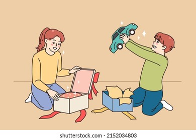 Happy small kids unpack wrapped boxes with presents for birthday. Smiling children feel excited open unbox parcels or gifts for special occasion. Surprise concept. Childcare. Vector illustration. 