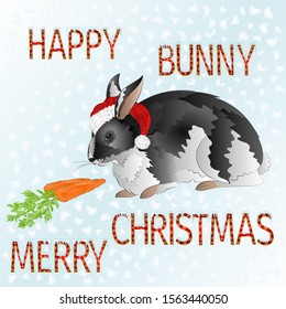 Happy  small mottled black and white bunny as Santa Merry Christmas and New yar and lettering and snow  vintage vector illustration editable hand draw
