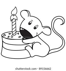 happy small mouse cartoon with cake and candle, line art, coloring