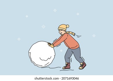 Happy small teen boy child in winter clothes have fun make snow ball playing outside alone. Smiling little kid enjoy New Year holidays or vacations. Childhood concept. Flat vector illustration. 