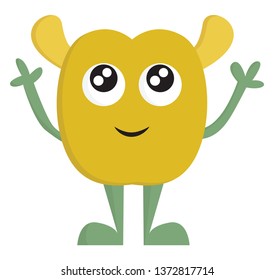 A happy small yellow monster having big eyes two ears two green hands and green legs vector color drawing or illustration 