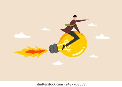 Happy smart business manager riding bright light bulb rocket in cloudy sky, innovation start up success, leadership guiding team, boosting productivity, partnership, new creative idea to achieve goals