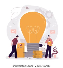 Happy smart businessman turn on light bulb lamp. Creative new idea, innovation start up business project or inspiration to achieve success goal. Pitching ideas, brainstorming concept. flat vector