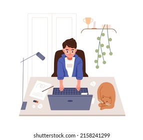 Happy Smart Kid Studying Online At Laptop Computer. Child In Glasses Learning Via Internet, Coding At Home. Curious Boy Student At Desk. Flat Vector Illustration Isolated On White Background