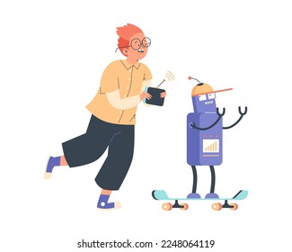 Happy smart kid teaching his robotic toy to ride a skateboard, flat cartoon vector illustration isolated on white background. Child boy playing with smart robot.