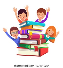 Happy and smart kids waving hands from the book pile. Reading gives knowledge concept. Colorful flat style cartoon vector illustration.