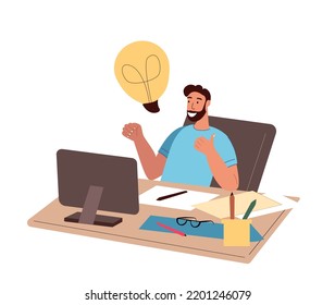 Happy smart person sit at the working table,find solution,having brilliant idea,lightbulb.Business concept of insight,creative thought,inspiration.Flat vector illustration isolated on white background