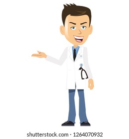 Happy smart professional Doctor standing white coat stethoscope in pocket name card hanging presenting displaying put your product in doctor hand