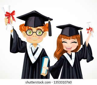 Happy smart students redhead boy in glasses and brunette girl holding a diplomas