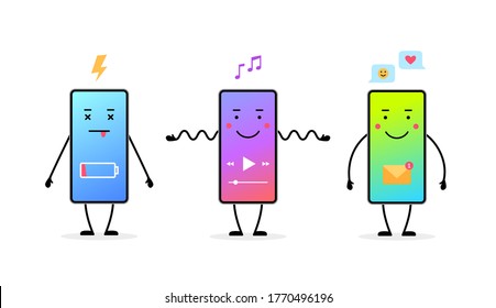 Happy сartoon smartphone character set. Illustration of dead battery, chatting and music app. The funny phone is dancing.