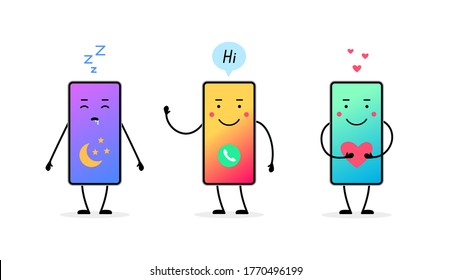 Happy сartoon smartphone character set. Illustration of night mode, incoming call and a love of technology. Image of a funny and friendly phone.