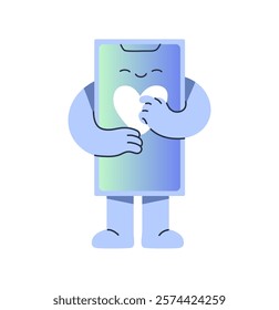 Happy smartphone mascot clicks on like in the Internet. Mobile phone presses with finger at heart sign. Cute telephone character with love symbol on screen. Flat isolated vector illustration on white