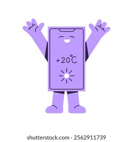 Happy smartphone mascot rejoices at degrees, warm weather forecast from online app on screen. Cute mobile phone character is hands up, has fun. Flat isolated vector illustration on white background