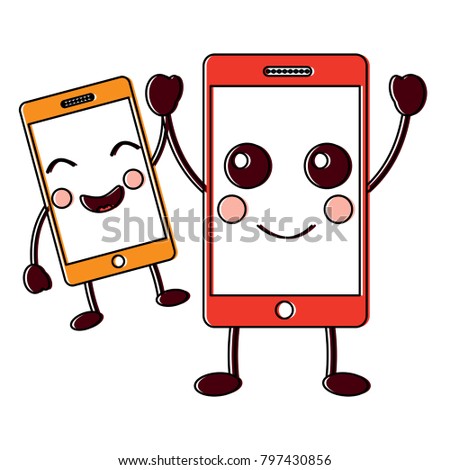 happy smartphone pair hand in hand cartoon kawaii
