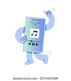 Happy smartphone plays melodies, dances. Funny mascot of mobile phone has fun by songs. Telephone character with audio player app on screen listens to music. Flat isolated vector illustration on white