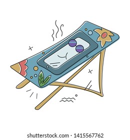 Happy smartphone sunbathes on a sun lounger. Summer time doodle.