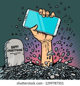 happy smartphone. zombie hand from the grave. Comic cartoon pop art retro vector illustration hand drawing