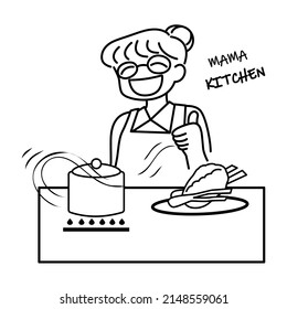 Happy smile asian elderly woman. Mother is preparing and cooking in the kitchen for family dinner food.  Healthy food at home. Vector illustration.