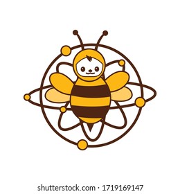 fröhliches Lächeln der atomaren Bienenkomik für Logo und Vektorsymbol