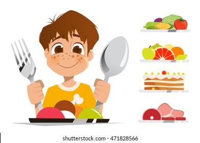 Happy Smile Boy Kid Child Holding Spoon And Fork Eating Meal Dish