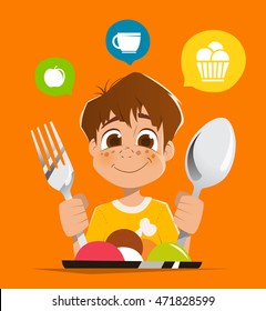 Happy Smile Boy Kid Child Holding Spoon And Fork Eating Meal Dish