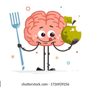 happy smile brain vector character holding big apple healthy food concept