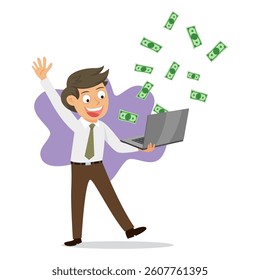 Happy And Smile Business Man With Laptop And Lots Of Money. Money On-Line Concept. illustration vector cartoon.