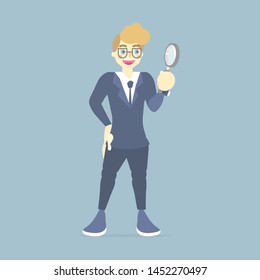happy and smile businessman in suit holding magnifying glass, business finance concept, flat vector illustration character cartoon design clip art