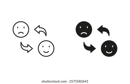 Happy Smile Change to Sad Face Pictogram. Mood Changes Line and Silhouette Icon Set. Bipolar Emoticon Expression Symbol. Positive and Unhappy Emotion. Editable Stroke. Isolated Vector Illustration.