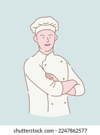 happy smile chef with crossed arms with outline or line and clean simple style