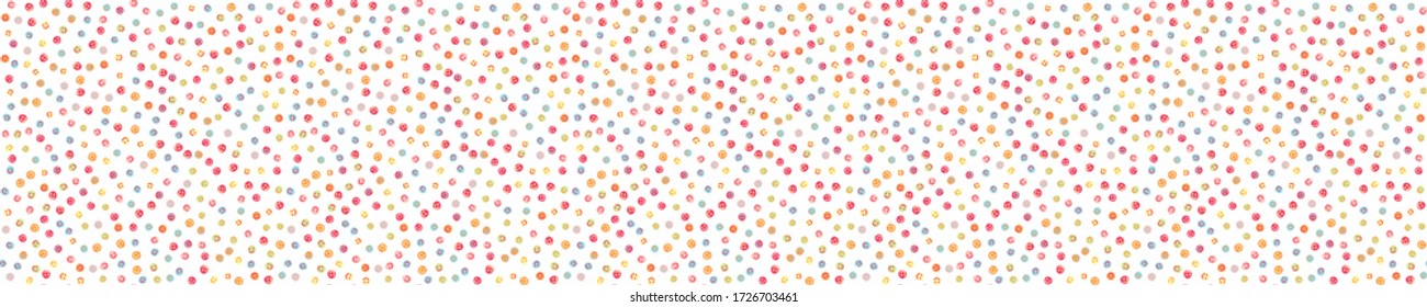 Happy smile confetti dotty border texture seamless background. Tiny colored flecked sprinkles ribbon trim banner . Modern cute falling speckle edge pattern. Japanese scandi minimal party washi tape.