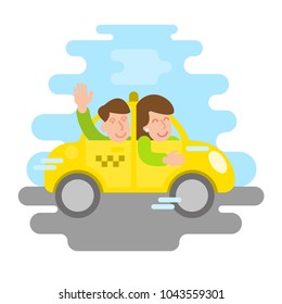 Happy smile cute woman driver worker yellow taxi car speed fast drive transport in road city with happy client. Modern vector style flat design illustration cartoon character. provision of services.